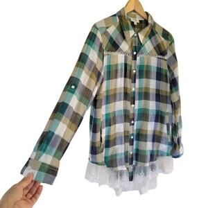 Umgee Lace Plaid Button Down Tunic Top Green Blue Women Size L Long Sleeve Boho